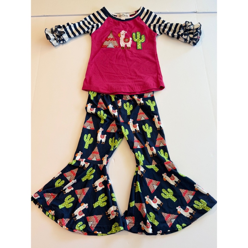 Marie Nicole Clothing Girls Llama Cactus Bell Bottom Outfit Set Pink Navy XS